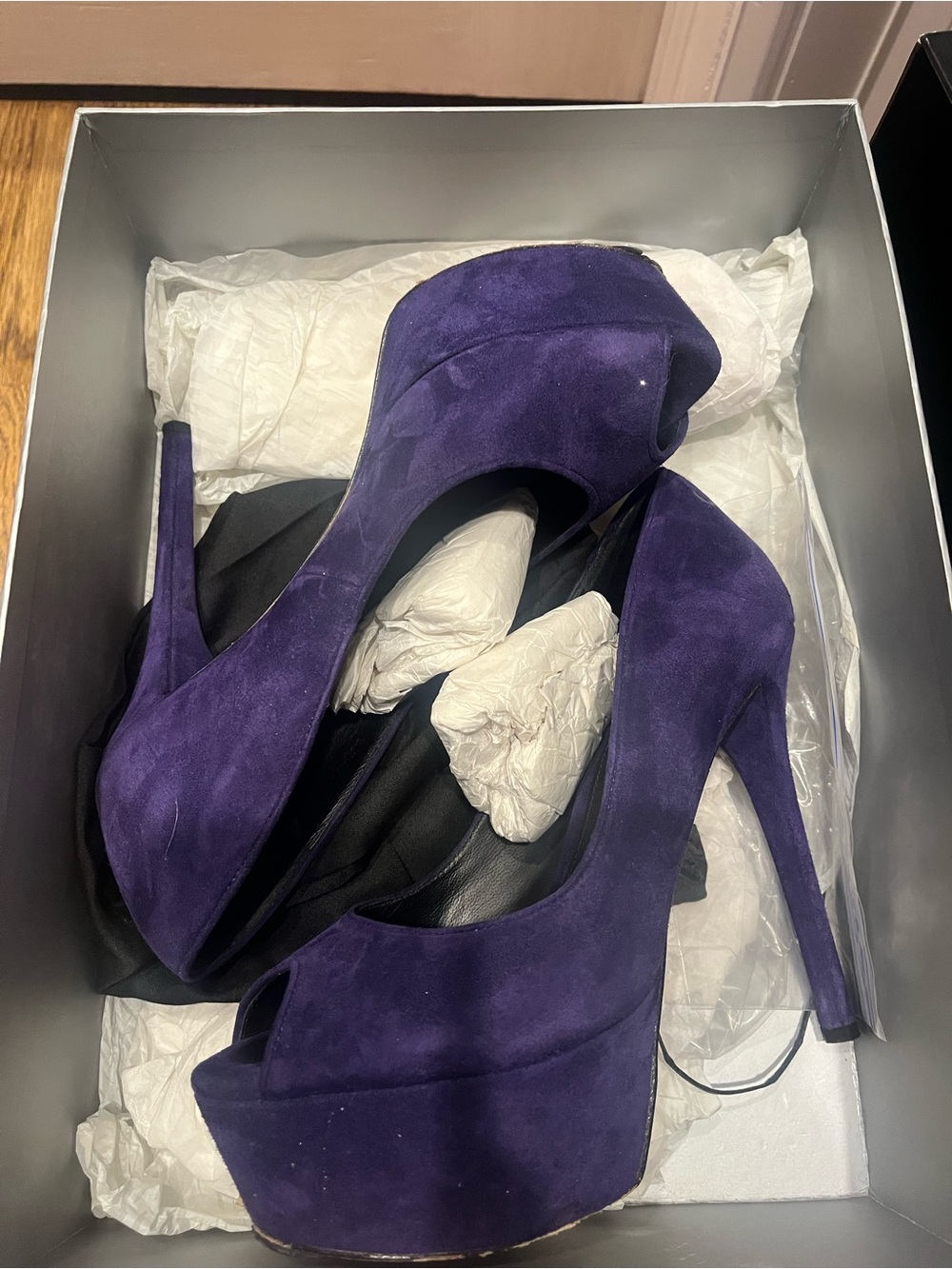 Brian Atwood Purple Suede Peep-Toe Platform Stiletto Heels, size 6